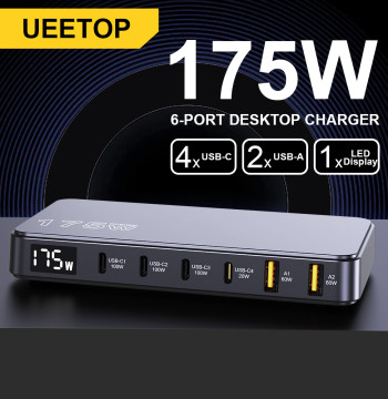 Ueetop 175W GaN USB C Charger LED Display 6-Port Desktop Charger Type C PD 100W PPS 45W Fast Charging for MacBook Samsung iPhone