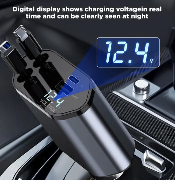 Retractable Car Charger Fit for IOS 15 14 13 12 Pro Maximum 100W Cable and 2 USB Ports 4 in 1 Super Fast Charging Car Charger